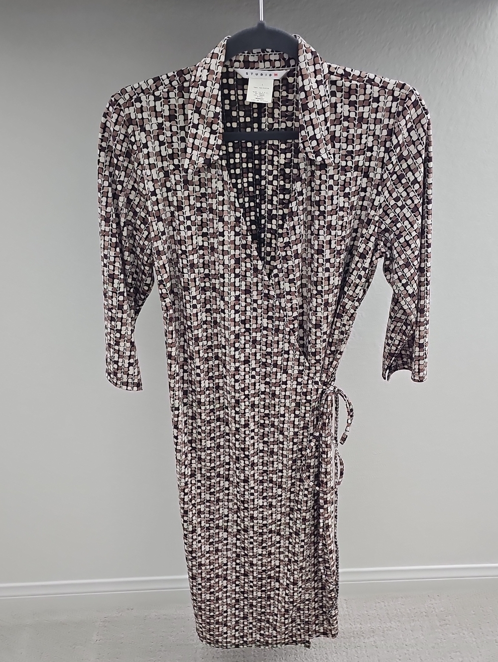 Studio M Geometric Print 3/4 Sleeve Wrap Midi Dress Brown Cream L